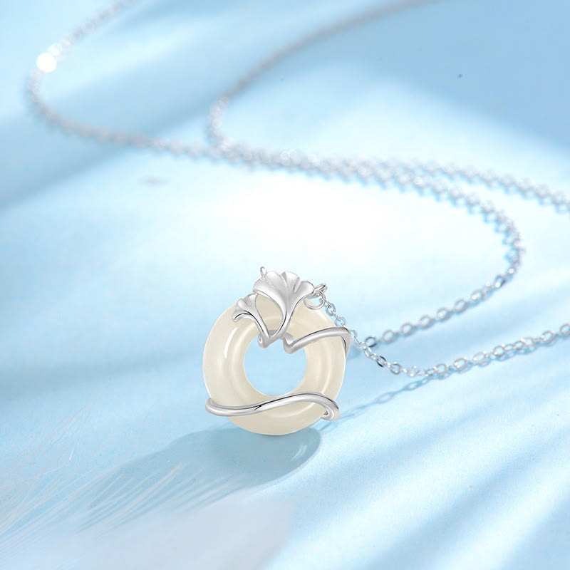 EverestArtstudios Hetian Jade 925 Sterling Silver Peace Buckle Ginkgo Leaf Necklace Pendant