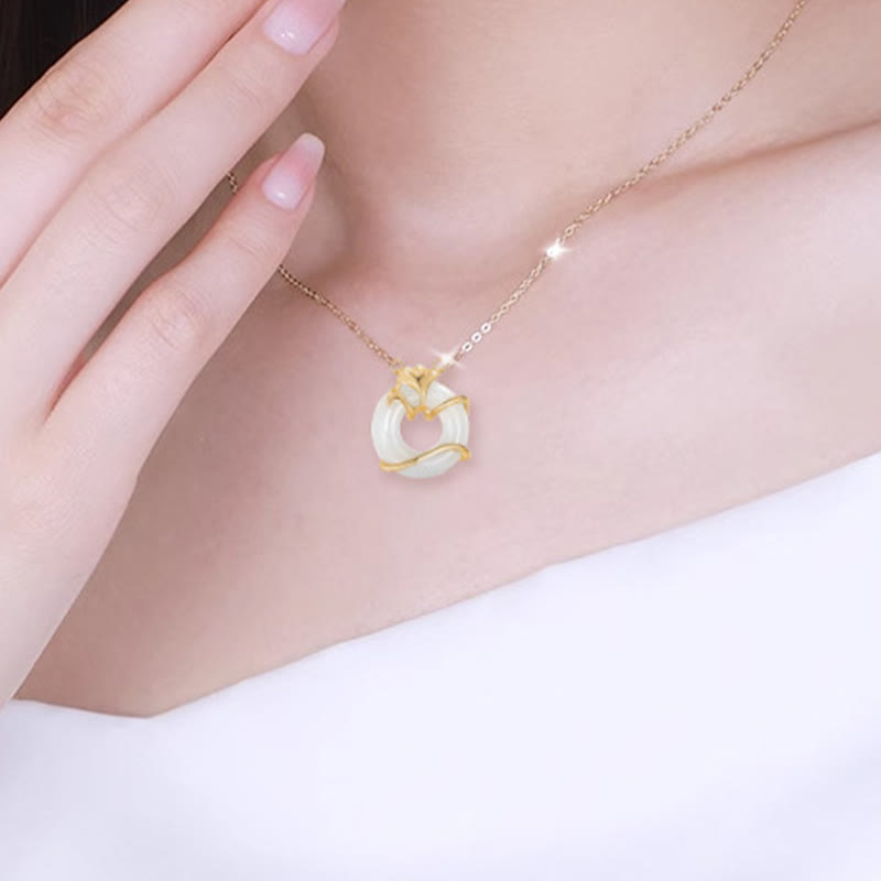 EverestArtstudios Hetian Jade 925 Sterling Silver Peace Buckle Ginkgo Leaf Necklace Pendant