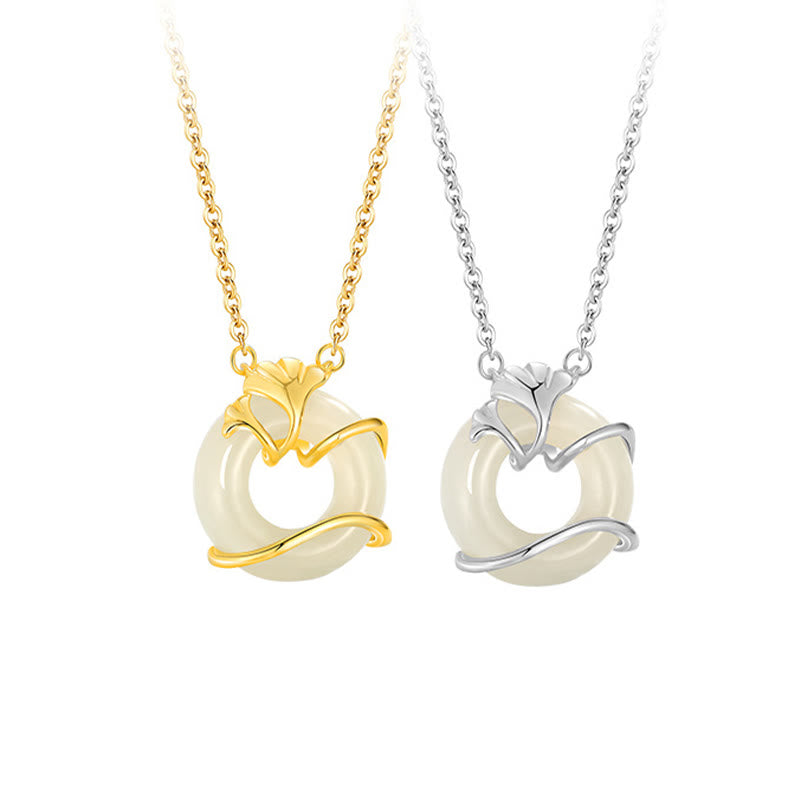 EverestArtstudios Hetian Jade 925 Sterling Silver Peace Buckle Ginkgo Leaf Necklace Pendant