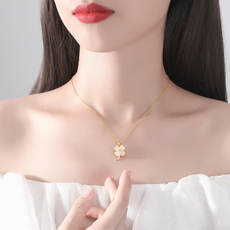 EverestArtstudios Hetian Jade 925 Sterling Silver Four Leaf Clover Necklace Pendant