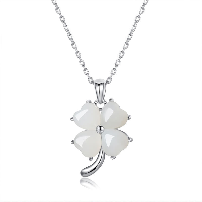 EverestArtstudios Hetian Jade 925 Sterling Silver Four Leaf Clover Necklace Pendant
