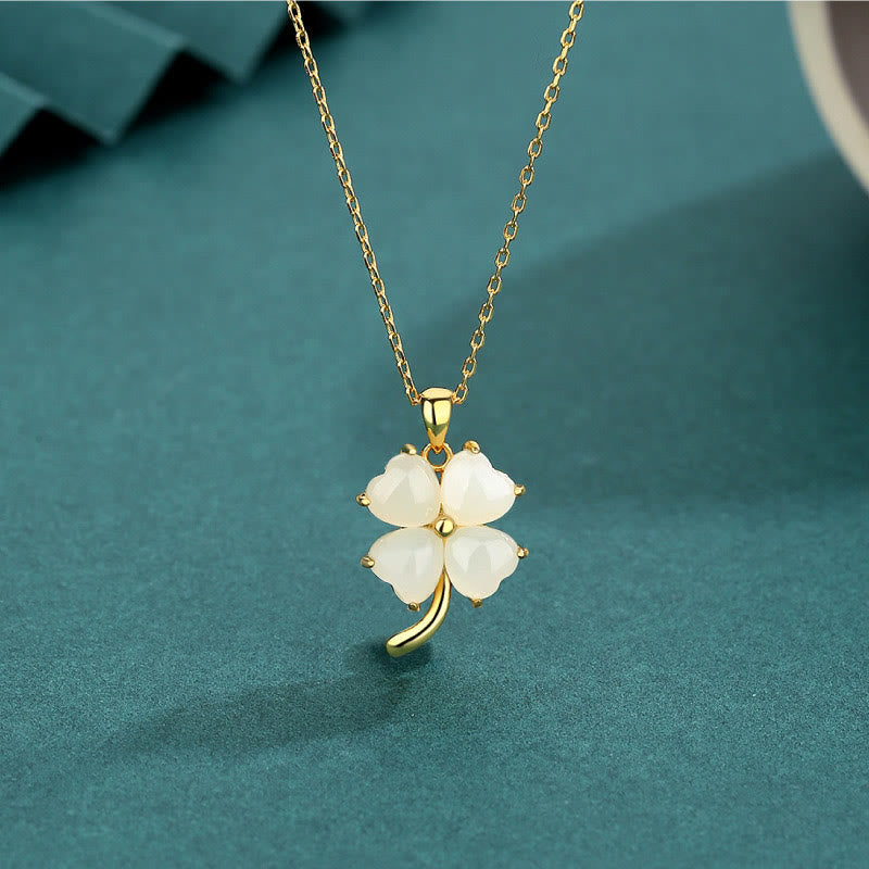 EverestArtstudios Hetian Jade 925 Sterling Silver Four Leaf Clover Necklace Pendant