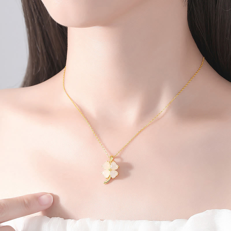 EverestArtstudios Hetian Jade 925 Sterling Silver Four Leaf Clover Necklace Pendant