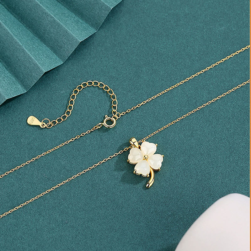 EverestArtstudios Hetian Jade 925 Sterling Silver Four Leaf Clover Necklace Pendant
