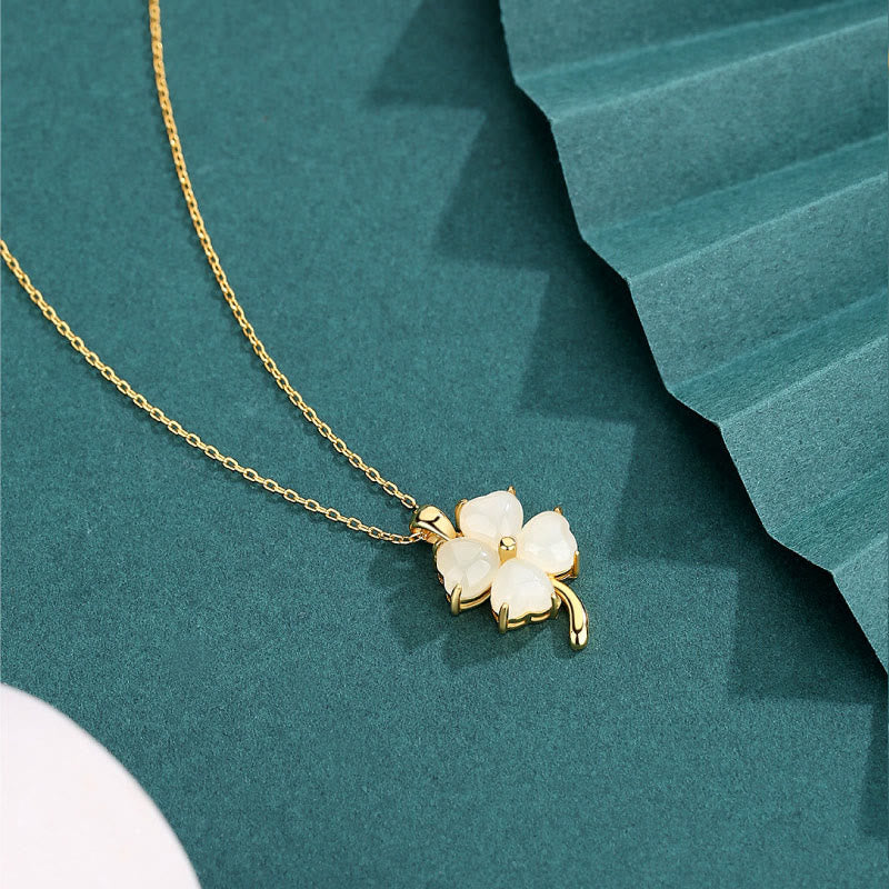 EverestArtstudios Hetian Jade 925 Sterling Silver Four Leaf Clover Necklace Pendant