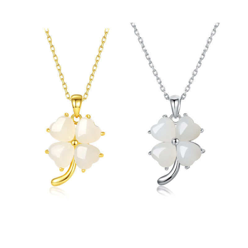 EverestArtstudios Hetian Jade 925 Sterling Silver Four Leaf Clover Necklace Pendant