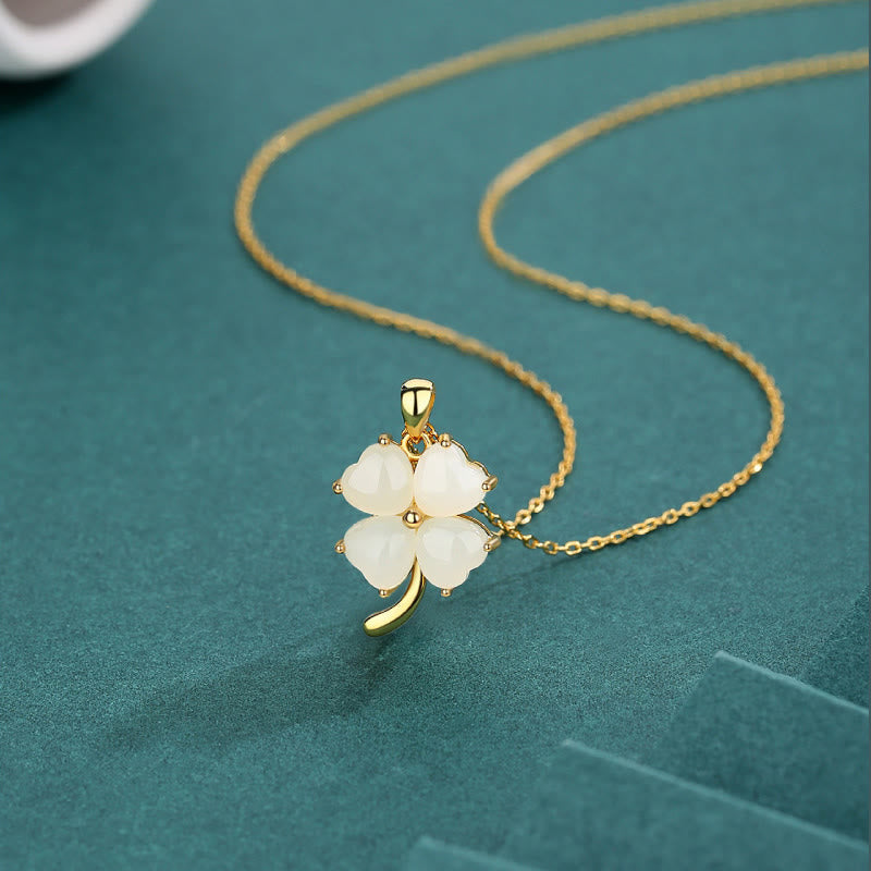 EverestArtstudios Hetian Jade 925 Sterling Silver Four Leaf Clover Necklace Pendant
