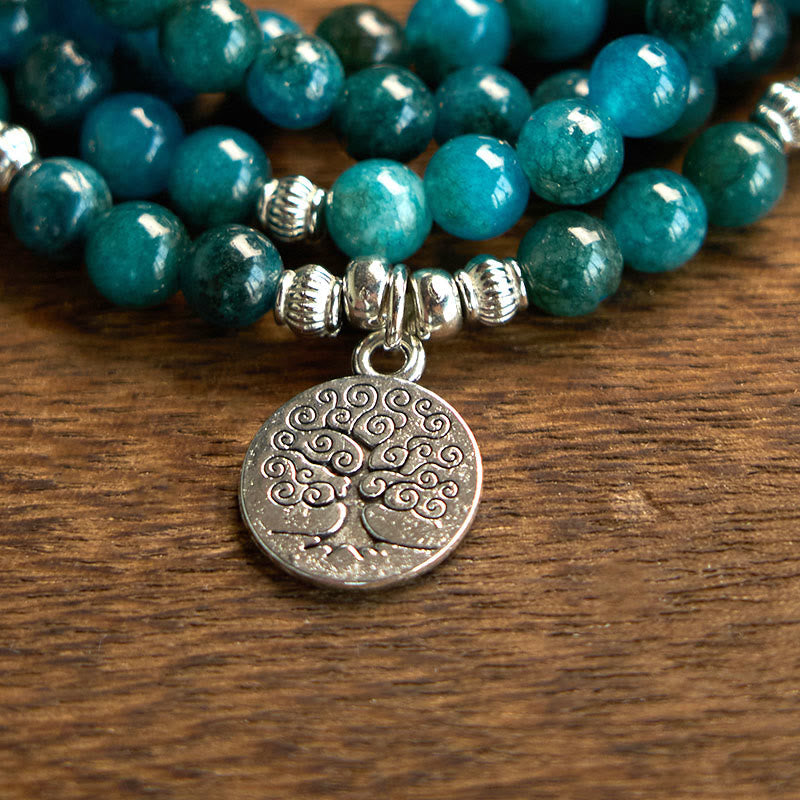 Buddha Stones 108 Mala Beads Apatite Bead Om The Tree Of Life Lotus Bracelet