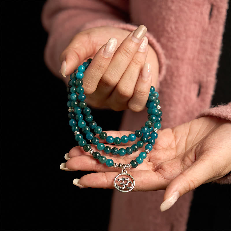 Buddha Stones 108 Mala Beads Apatite Bead Om The Tree Of Life Lotus Bracelet