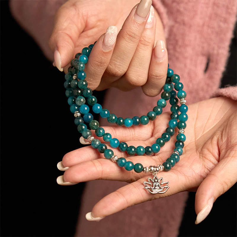 Buddha Stones 108 Mala Beads Apatite Bead Om The Tree Of Life Lotus Bracelet