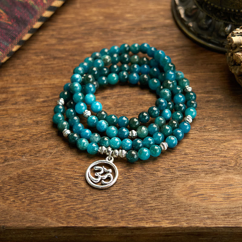Buddha Stones 108 Mala Beads Apatite Bead Om The Tree Of Life Lotus Bracelet