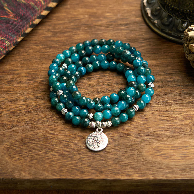 Buddha Stones 108 Mala Beads Apatite Bead Om The Tree Of Life Lotus Bracelet