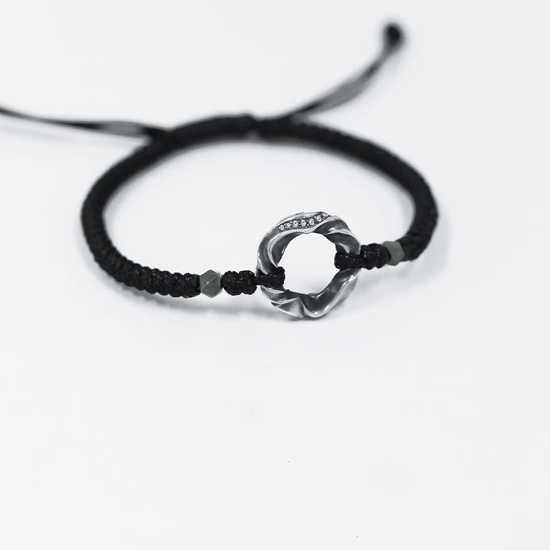 Buddha Stones 999 Sterling Silver Peace Buckle Black Wax Rope Protection Bracelet