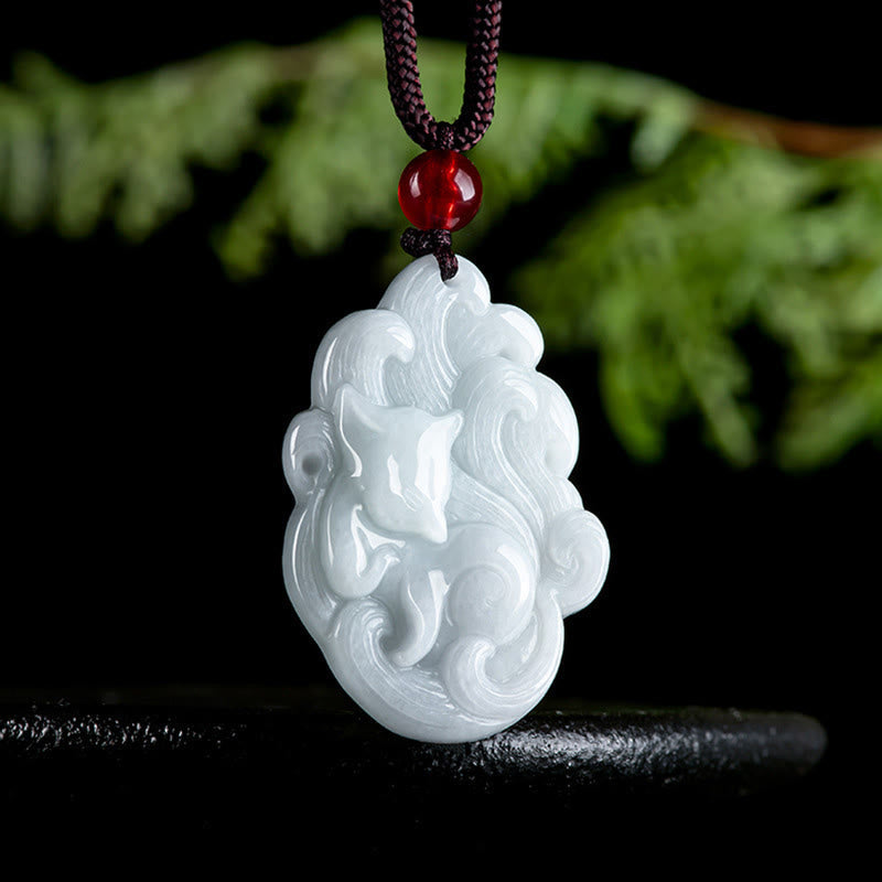 EverestArtstudios Natural Jade Nine Tailed Fox Luck Necklace Pendant