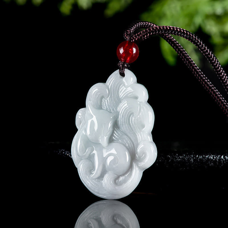 EverestArtstudios Natural Jade Nine Tailed Fox Luck Necklace Pendant