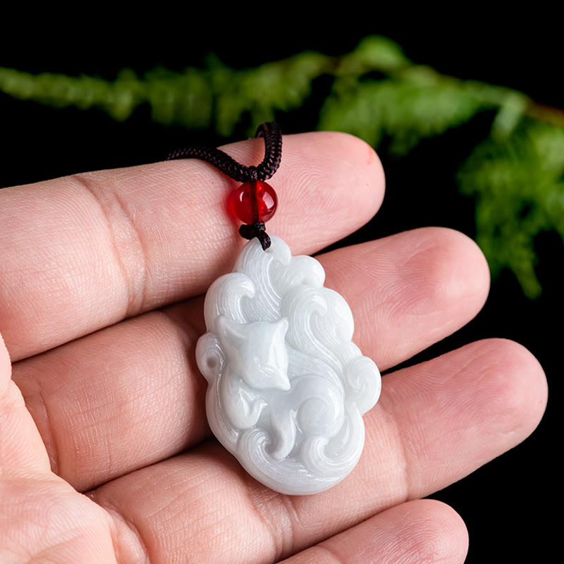 EverestArtstudios Natural Jade Nine Tailed Fox Luck Necklace Pendant