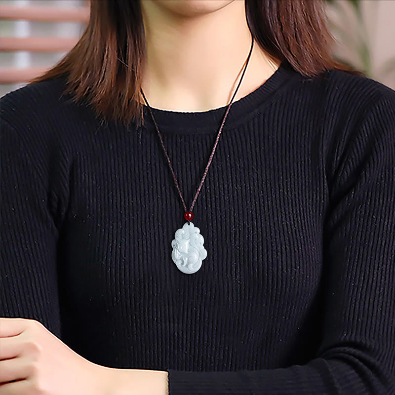 EverestArtstudios Natural Jade Nine Tailed Fox Luck Necklace Pendant