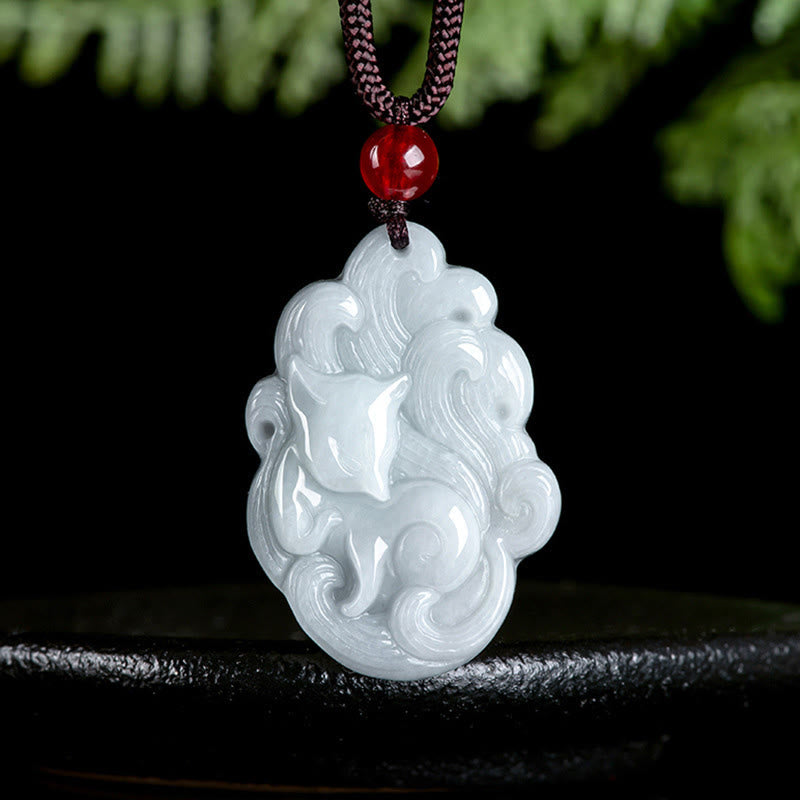 EverestArtstudios Natural Jade Nine Tailed Fox Luck Necklace Pendant
