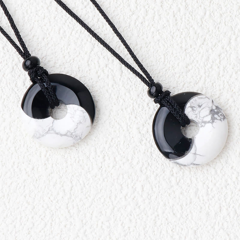 EverestArtStudios Natural Black Obsidian White Turquoise Yin Yang Peace Buckle Design Braided String Strength Necklace Pendant