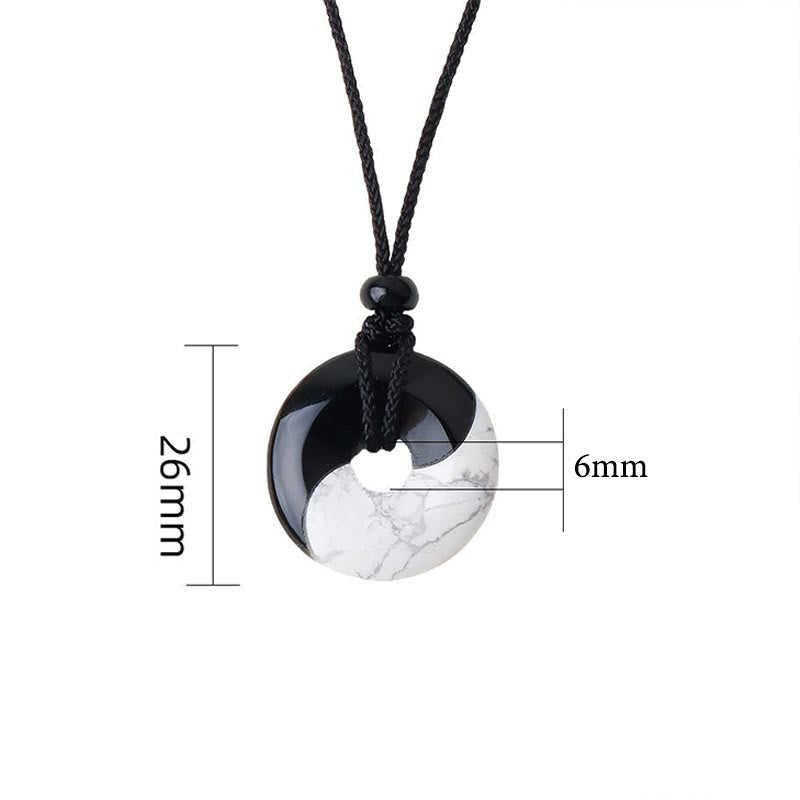 EverestArtStudios Natural Black Obsidian White Turquoise Yin Yang Peace Buckle Design Braided String Strength Necklace Pendant