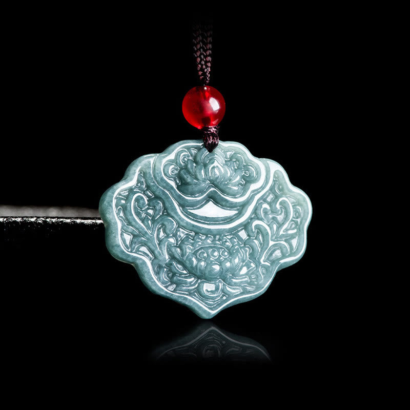 EverestArtstudios Lotus Pattern Carved Jade Abundance Prosperity Necklace Rope Pendant