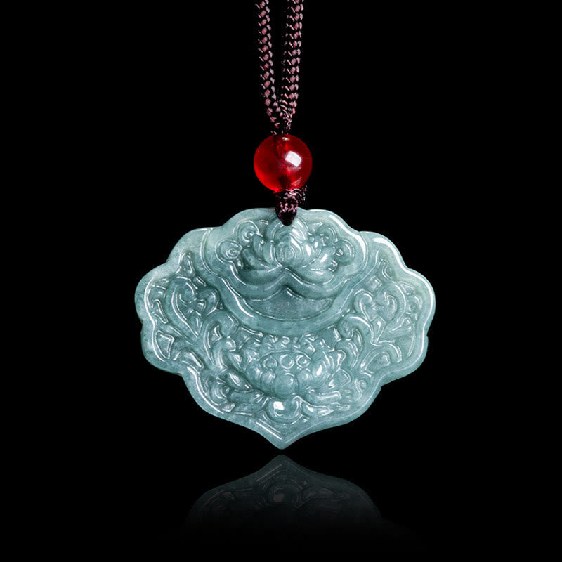 EverestArtstudios Lotus Pattern Carved Jade Abundance Prosperity Necklace Rope Pendant