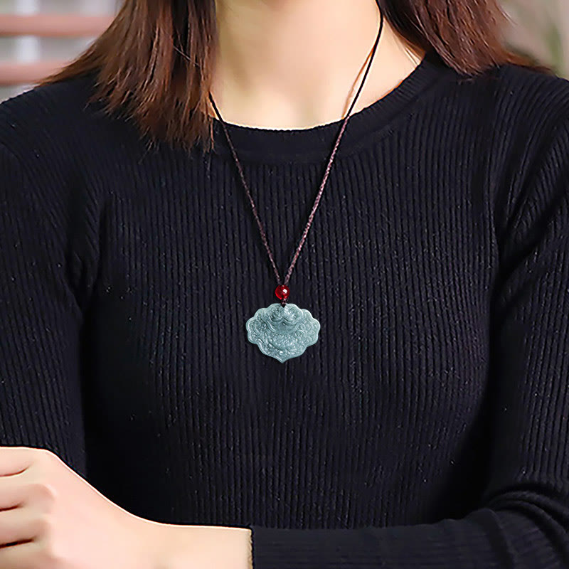 EverestArtstudios Lotus Pattern Carved Jade Abundance Prosperity Necklace Rope Pendant