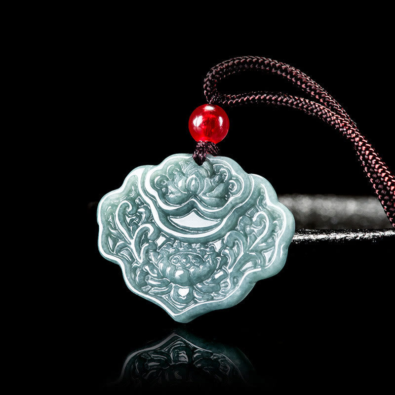 EverestArtstudios Lotus Pattern Carved Jade Abundance Prosperity Necklace Rope Pendant