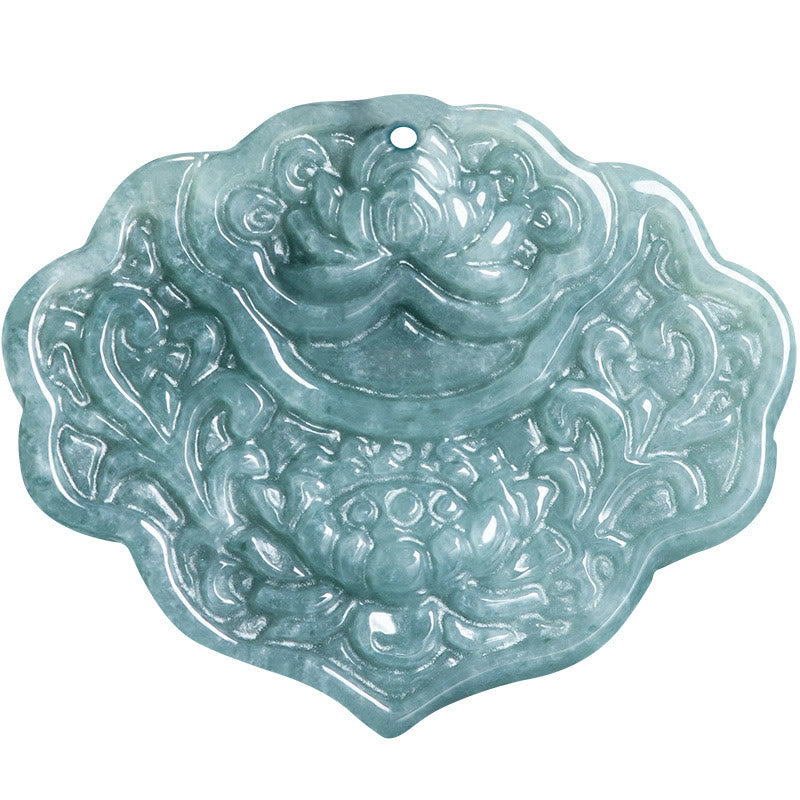 EverestArtstudios Lotus Pattern Carved Jade Abundance Prosperity Necklace Rope Pendant