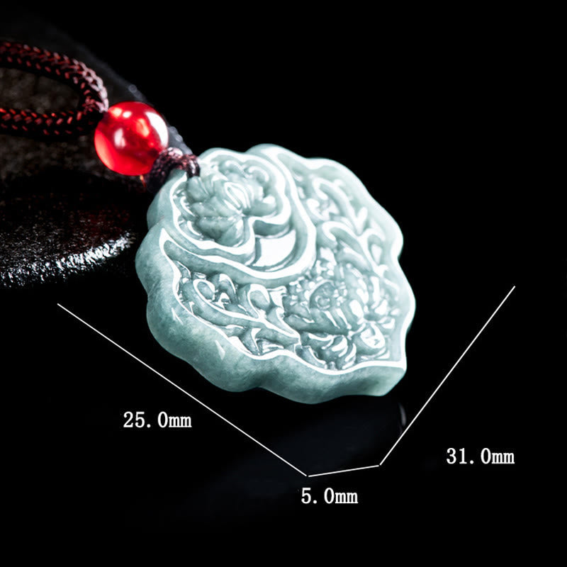 EverestArtstudios Lotus Pattern Carved Jade Abundance Prosperity Necklace Rope Pendant
