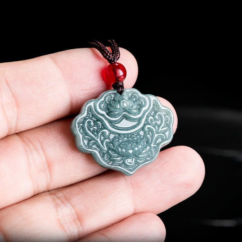 EverestArtstudios Lotus Pattern Carved Jade Abundance Prosperity Necklace Rope Pendant