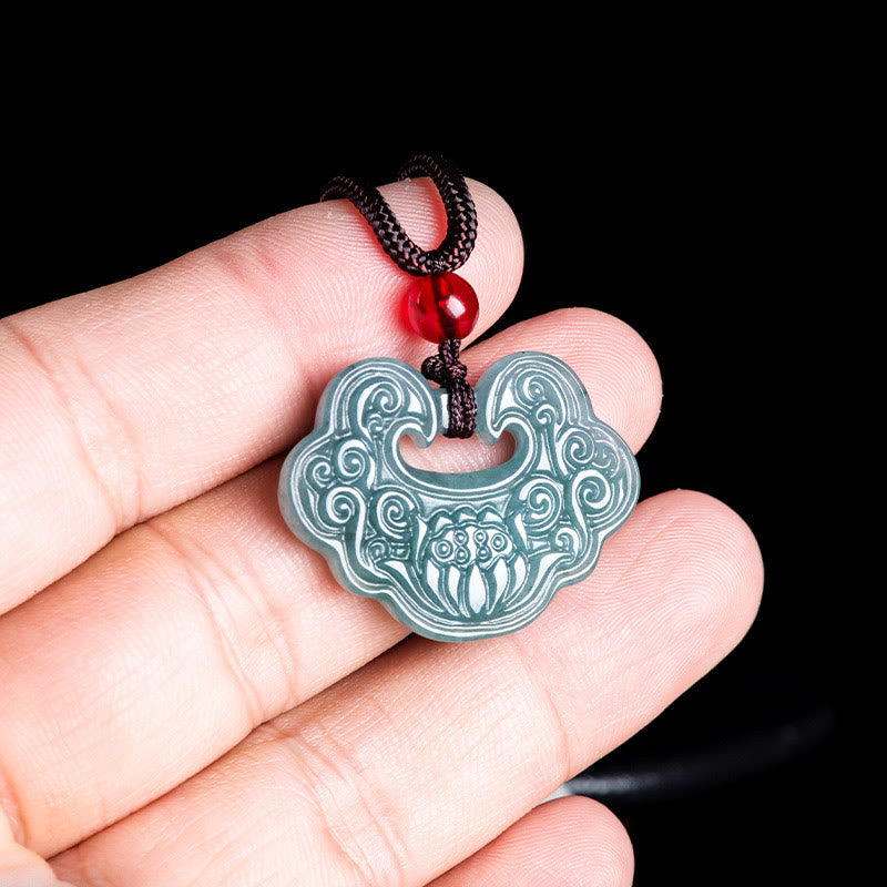 EverestArtstudios Lotus Carved Jade Ruyi Abundance Prosperity Abundance Necklace Pendant