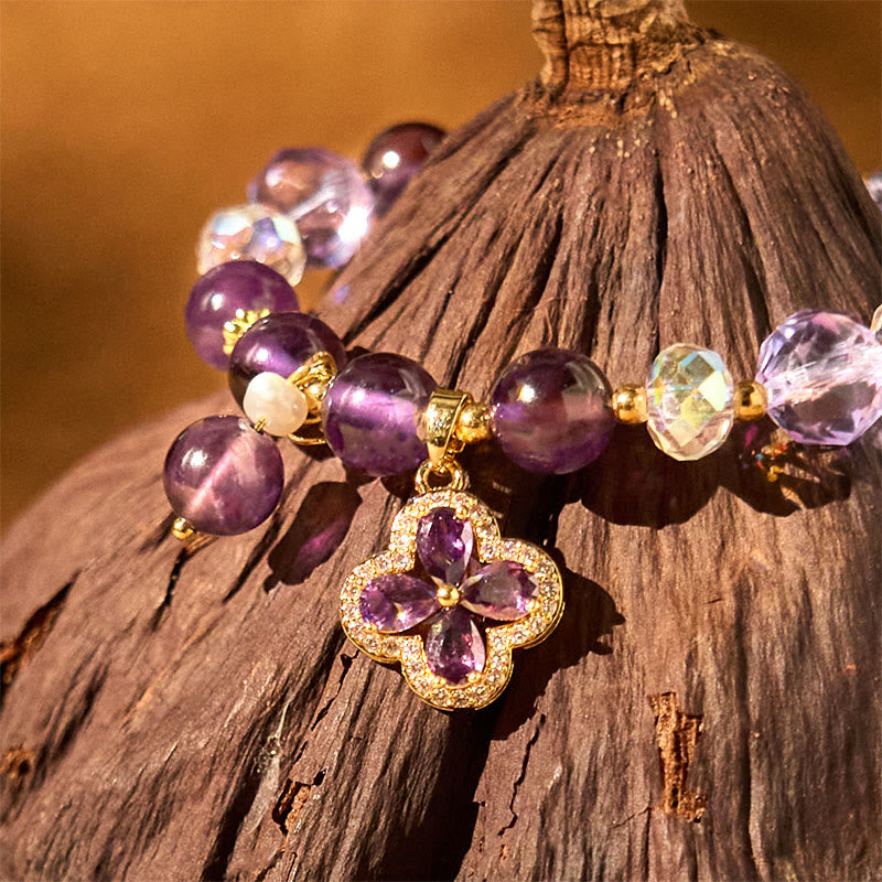 Buddha Stones "All the best for Calm and Wisdom" Amethyst Flower Bracelet Includes Gift Message Card