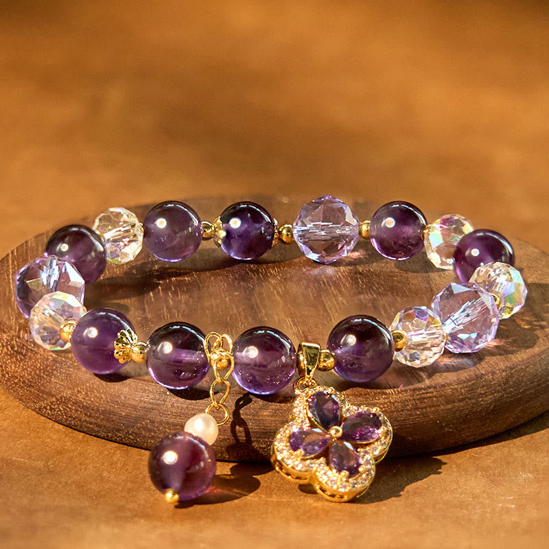 Buddha Stones "All the best for Calm and Wisdom" Amethyst Flower Bracelet Includes Gift Message Card