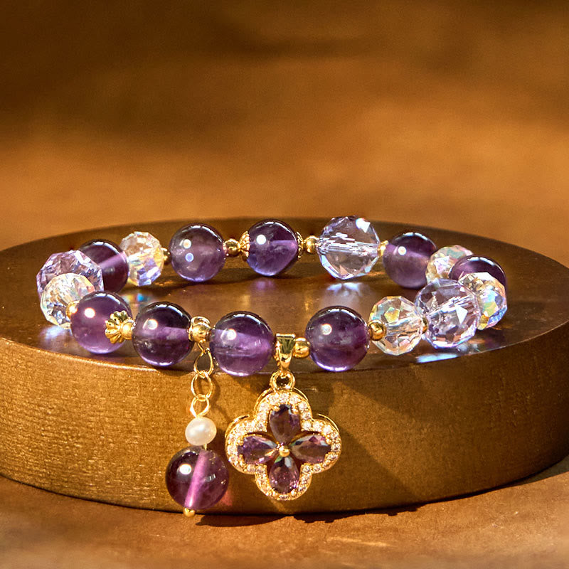 Buddha Stones "All the best for Calm and Wisdom" Amethyst Flower Bracelet Includes Gift Message Card