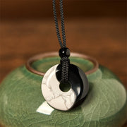 EverestArtStudios Natural Black Obsidian White Turquoise Yin Yang Peace Buckle Design Braided String Strength Necklace Pendant