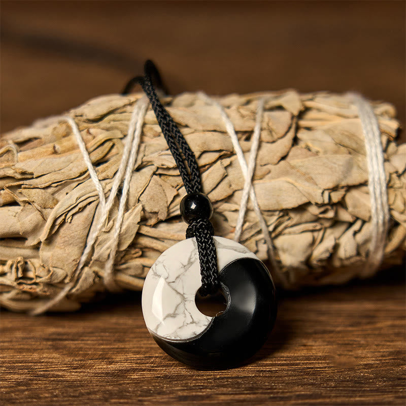 EverestArtStudios Natural Black Obsidian White Turquoise Yin Yang Peace Buckle Design Braided String Strength Necklace Pendant