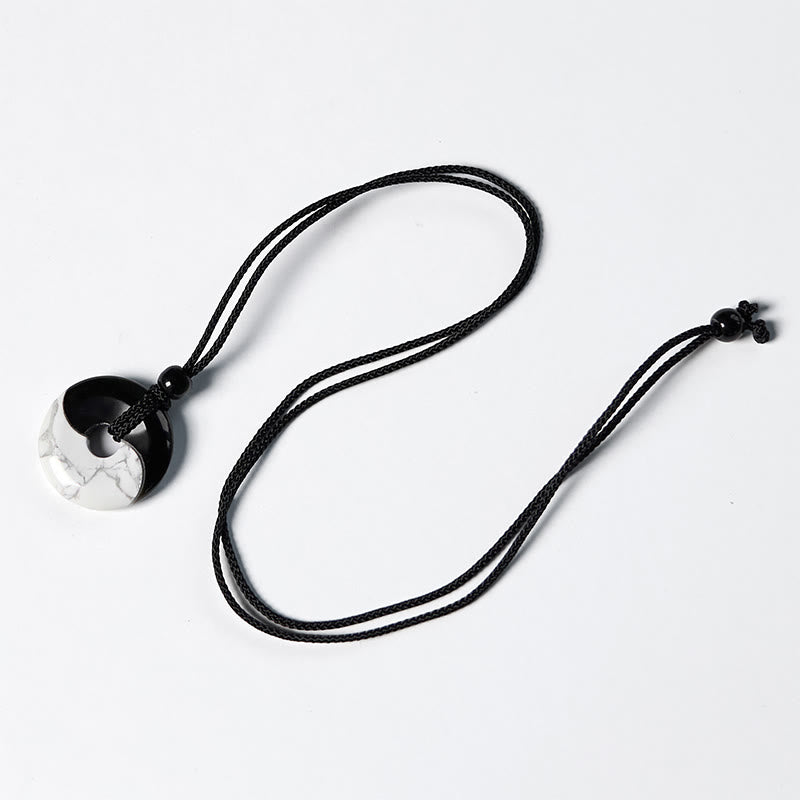 EverestArtStudios Natural Black Obsidian White Turquoise Yin Yang Peace Buckle Design Braided String Strength Necklace Pendant