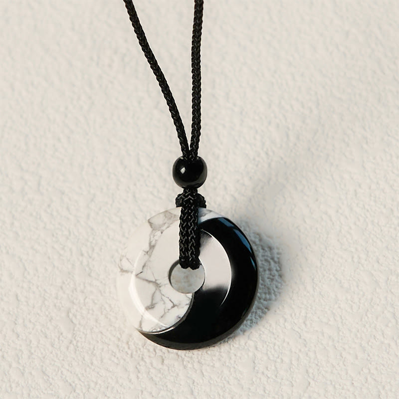 EverestArtStudios Natural Black Obsidian White Turquoise Yin Yang Peace Buckle Design Braided String Strength Necklace Pendant