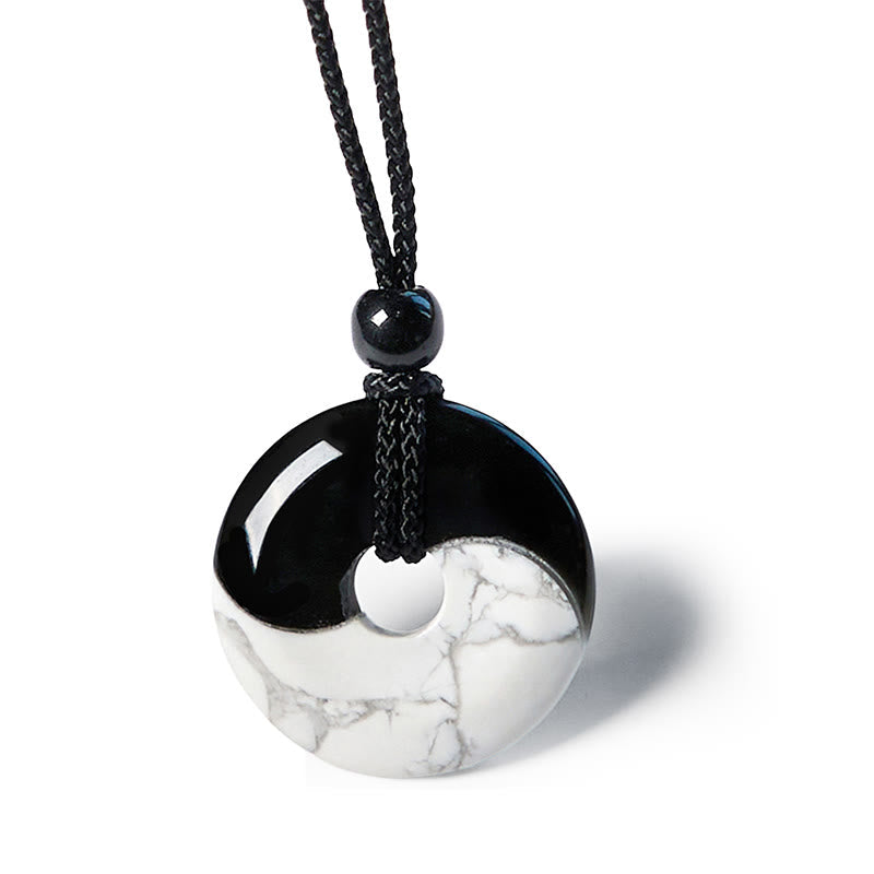 EverestArtStudios Natural Black Obsidian White Turquoise Yin Yang Peace Buckle Design Braided String Strength Necklace Pendant