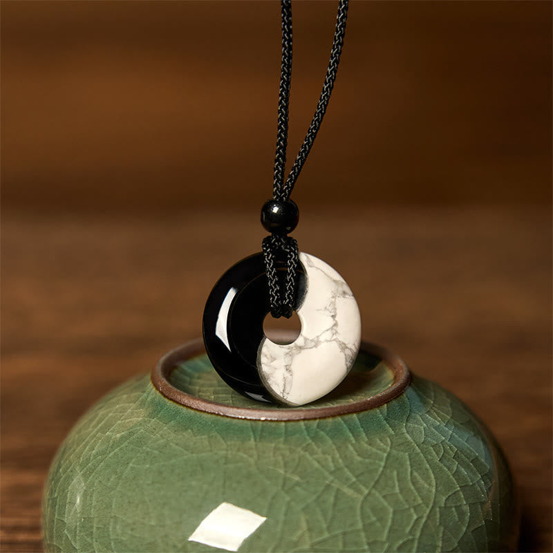 EverestArtStudios Natural Black Obsidian White Turquoise Yin Yang Peace Buckle Design Braided String Strength Necklace Pendant