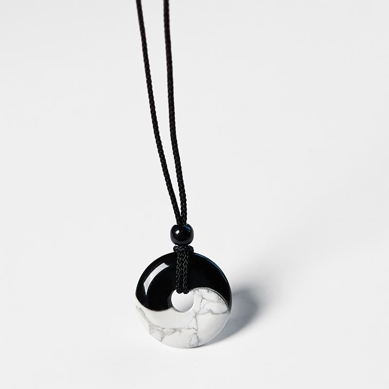 EverestArtStudios Natural Black Obsidian White Turquoise Yin Yang Peace Buckle Design Braided String Strength Necklace Pendant