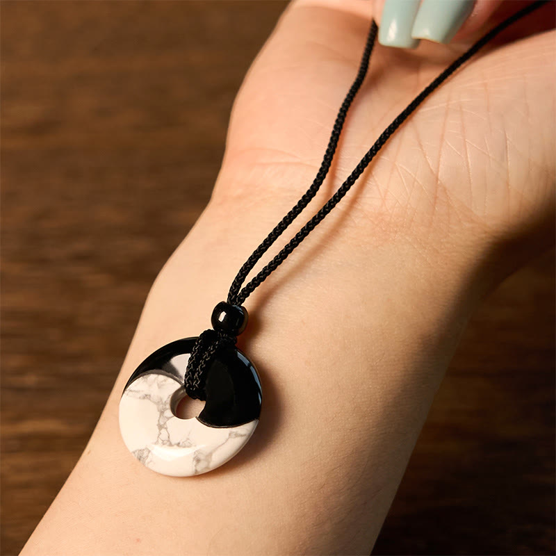 EverestArtStudios Natural Black Obsidian White Turquoise Yin Yang Peace Buckle Design Braided String Strength Necklace Pendant