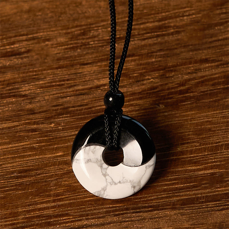 EverestArtStudios Natural Black Obsidian White Turquoise Yin Yang Peace Buckle Design Braided String Strength Necklace Pendant