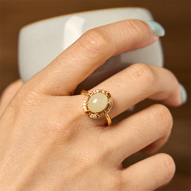 EverestArtstudios Natural Hetian Jade Zirconia Egg Copper Open Luck Ring