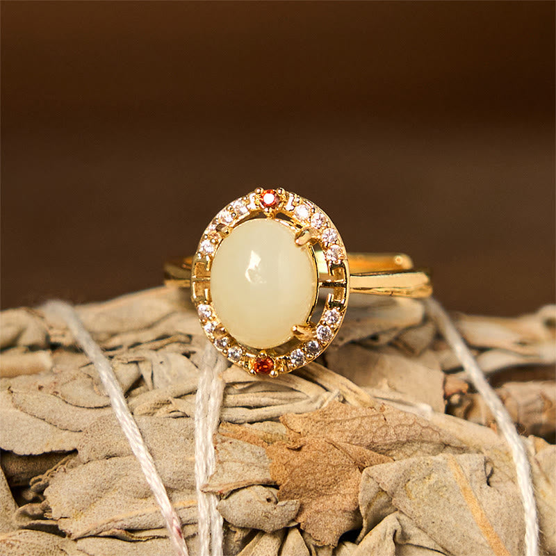 EverestArtstudios Natural Hetian Jade Zirconia Egg Copper Open Luck Ring