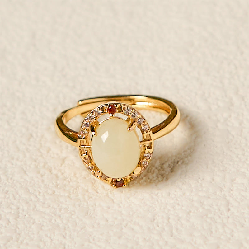 EverestArtstudios Natural Hetian Jade Zirconia Egg Copper Open Luck Ring