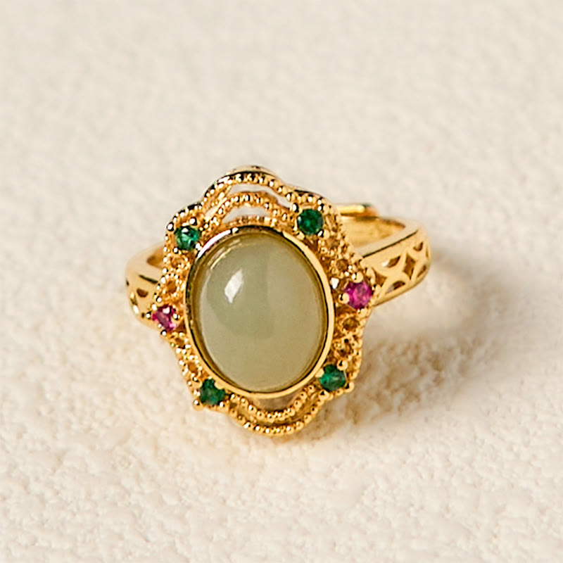 EverestArtstudios Natural Hetian Jade Egg Hollow Pattern Copper Open Luck Ring