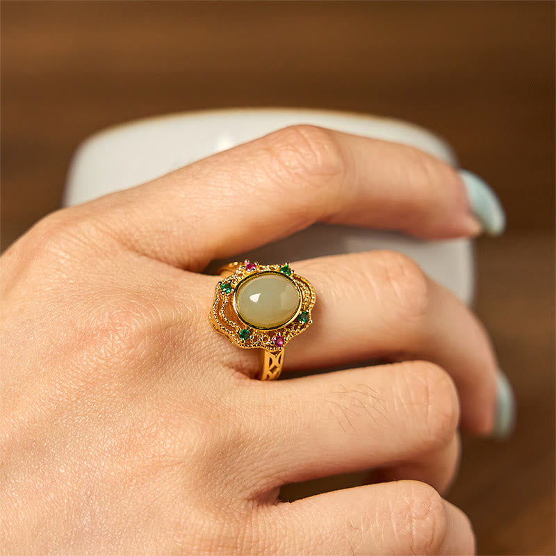 EverestArtstudios Natural Hetian Jade Egg Hollow Pattern Copper Open Luck Ring