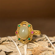 EverestArtstudios Natural Hetian Jade Egg Hollow Pattern Copper Open Luck Ring